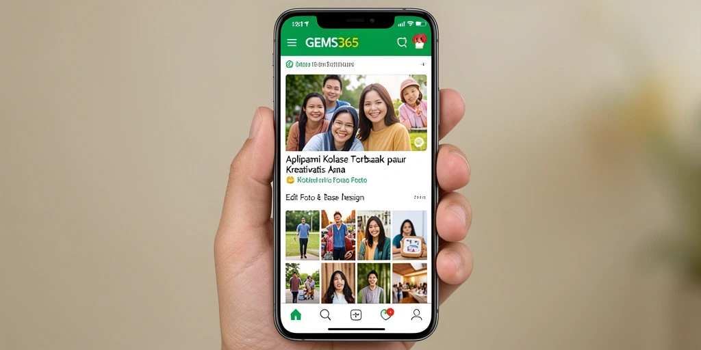 Tampilan antarmuka aplikasi GEMS365 dengan berbagai fitur kolase foto.